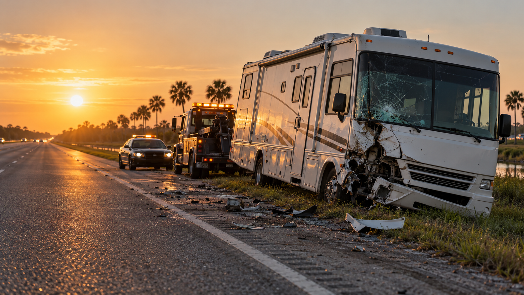 Damaged motorhome on a Florida highway shoulder after an RV accident